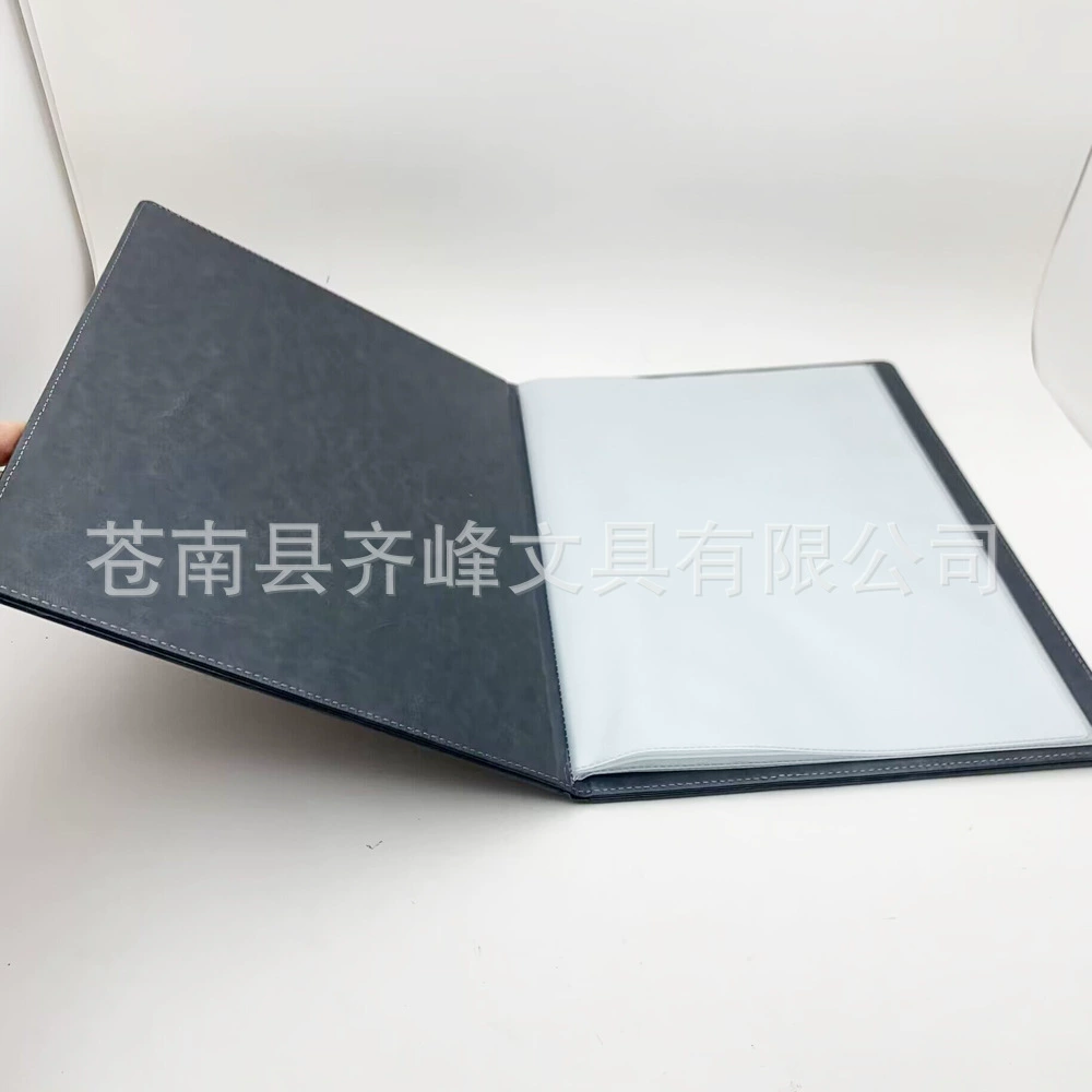 Держатель для меню из серой искусственной кожи PU с логотипом, нанесенным методом горячего тиснения, размер PUA4, с десятью страницами из ПВХ-карманов внутри.