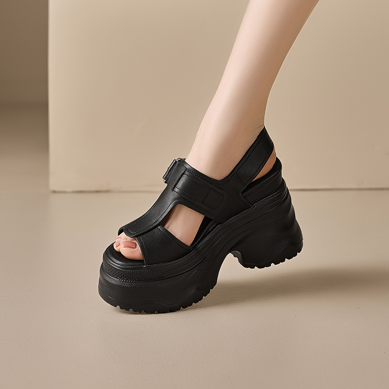 Sandal cao gót nữ đế xuồng 12 cm hở mũi phong cách La Mã — màu đen, màu trắng ngà
