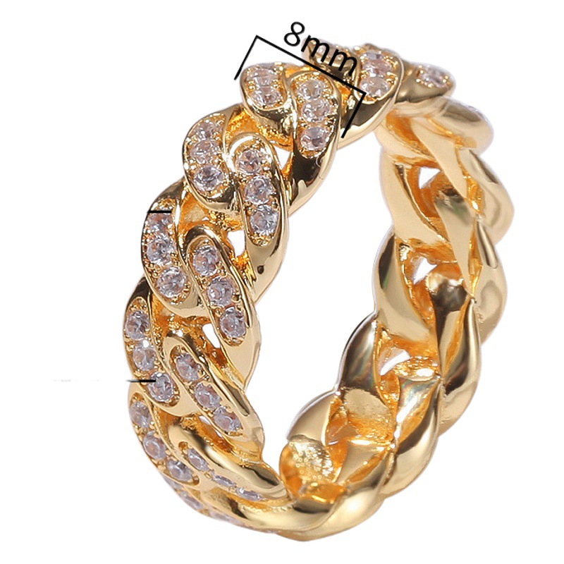 Cross-border Explosions Jewelry European and American Hip-hop Zircon Chain Ring Cuba Ring 8mm Electroplated Gold Men's Ring