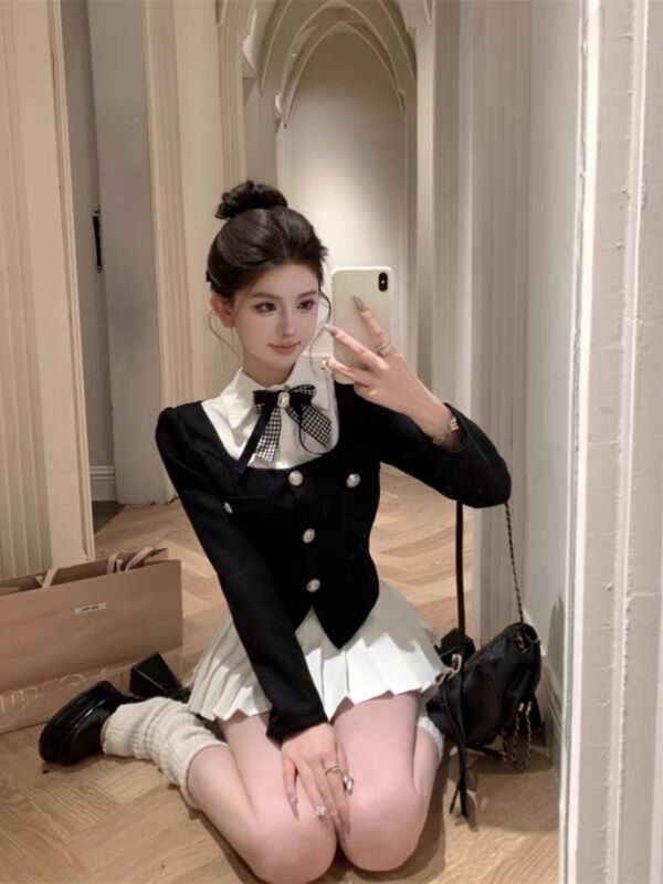 秋季学院风小个子精致套装裙甜美蝴蝶结假两件外套百褶半身裙高级|undefined