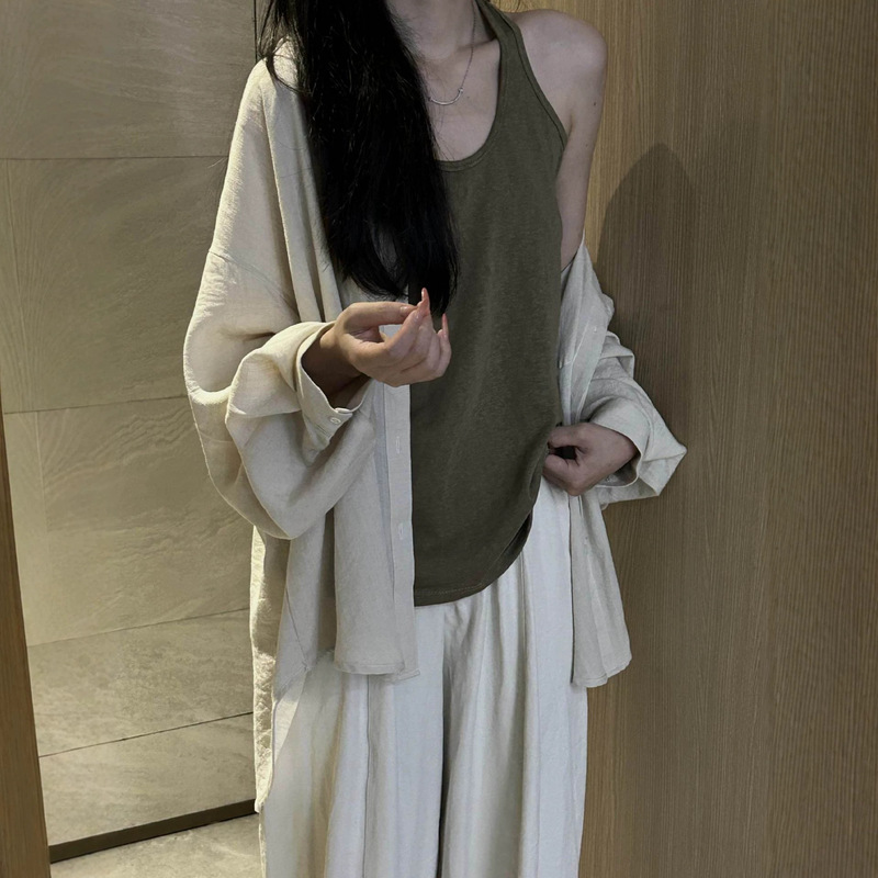 Beautiful Retro Beige Linen Shirt for Women, Summer Loose and Casual Old Money Style Cotton-Linen Sun Protection Top for Women Beautiful Retro Beige Linen Shirt for Women, Summer Loose and Casual Old Money Style Cotton-Linen Sun Protection Top for Women