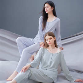 带胸垫闺蜜睡衣女春秋季甜美假两件蕾丝柔软棉家居服套装