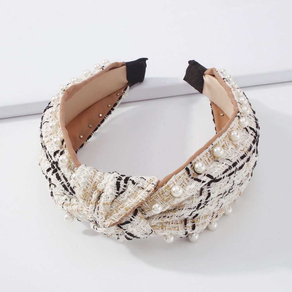 Jewelry Fabric Simple Inlaid Pearl Knot Contrast Color Plaid Headband display picture 3