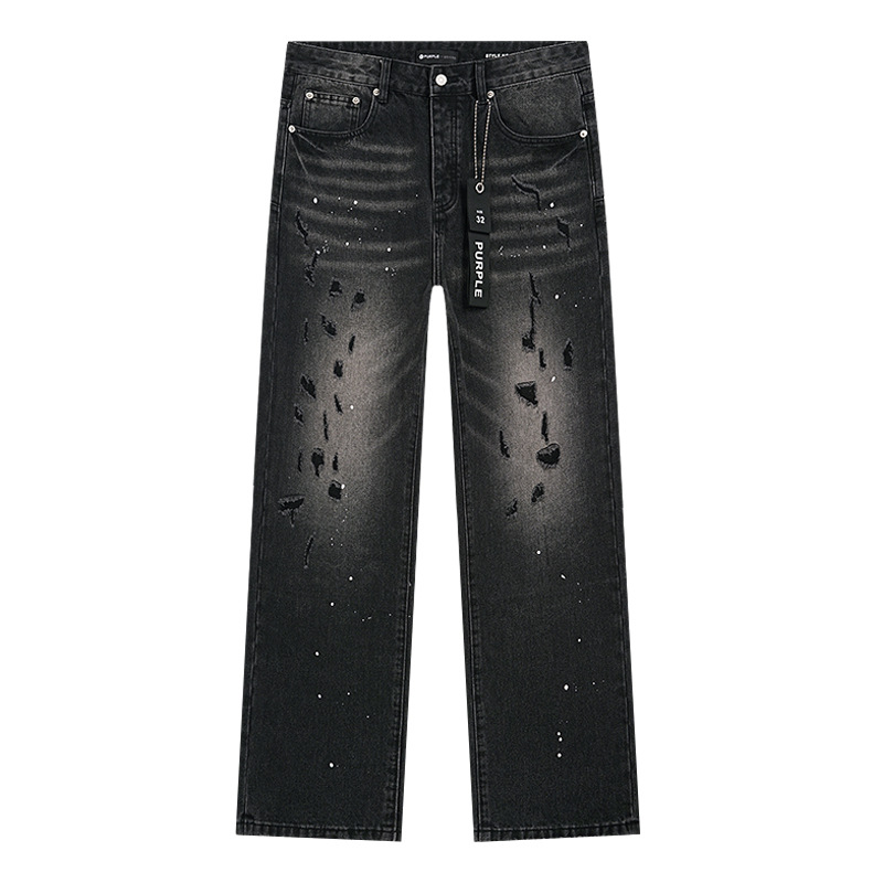 Comercio exterior transfronterizo mayorista purp1e estilo americano marca de alta calle agujero parche de tinta retrógrada lavado jeans pantalones cortos
