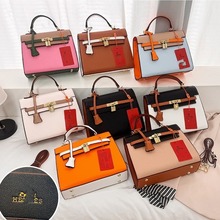 2024新款手提包拼色荔枝纹凯莉包外贸热卖包包百搭单肩斜跨包bags