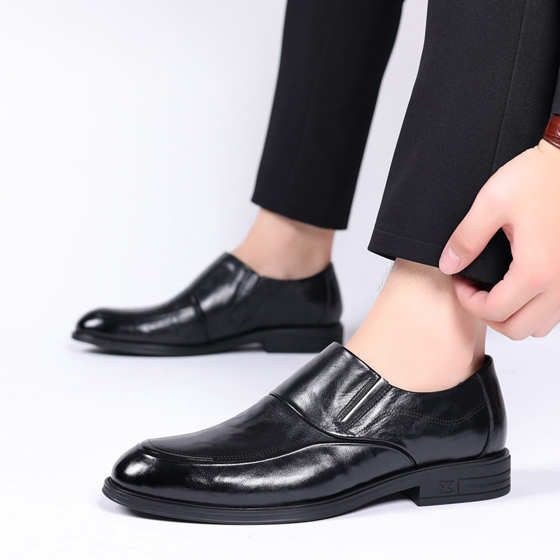Giày da nam mũi nhọn cổ thấp da bò lớp đầu tiên, giày lười công sở thoáng khí chống trượt — Giày một lớp màu nâu, Giày một lớp màu đen, Màu đen lót nhung