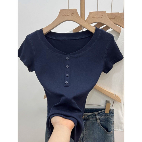 Korean-style design pure color regular shoulder short-sleeve women's summer half-collared stylish T-shirt