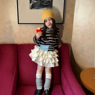 女童秋韩版卡通藏蓝拼色条纹刺绣小狗纽扣翻领T恤长袖polo衫卫衣