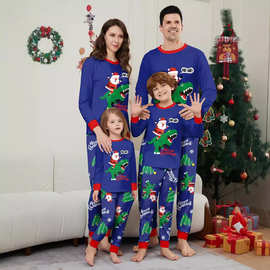 TEMU速卖通家居服亲子装全家装绿色恐龙圣诞老人印花睡衣蓝色套装