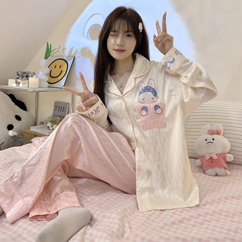 Linda dulce chica pijamas de las mujeres seda del hielo la solapa cardigan manga larga Otoño e Invierno Nueva Historieta ocasional desgaste en casa traje