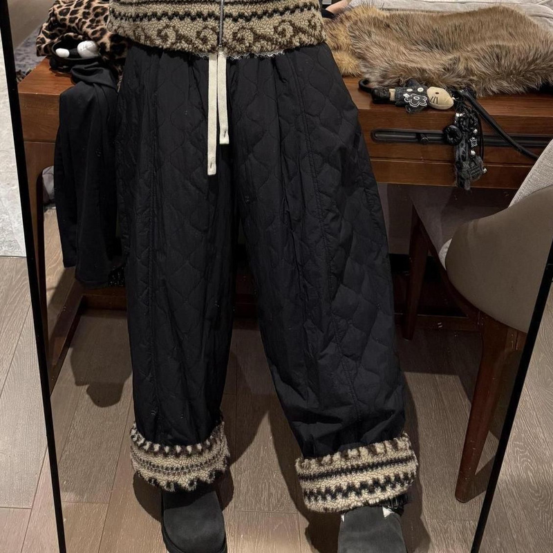 (Qualified with Cotton Padding and Fleece Lining) New Winter Style Warm Fleece-Trimmed Patchwork Gourd-Pattern Straight-Leg Long Pants for Women, Casual Pants