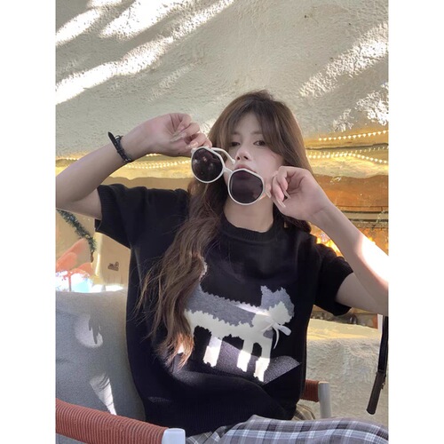 Spring and summer new style gray jacquard T-shirt for women's design loose round neck elastic sweater with short-sleeved top ins