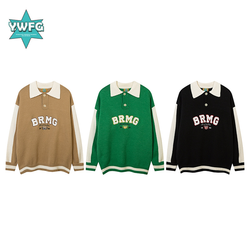 Suéter de punto POLO de estilo americano de la marca original YWFG, con diseño retro de letras jacquard, tendencia nacional para parejas en otoño e invierno.