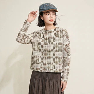 春秋大码褶皱打底衫女 英伦格纹印花宽松遮肚中年女士三宅风上衣