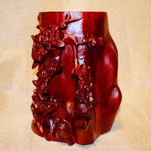 中式实木手工雕刻红木缅甸花梨木花鸟笔插 文房用品双喜临门笔筒