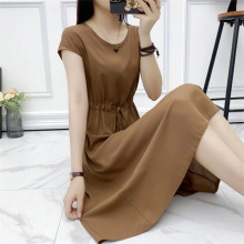 2025新款夏季纯色棉绸连衣裙人造棉宽松抽绳收腰显瘦大码女装裙子