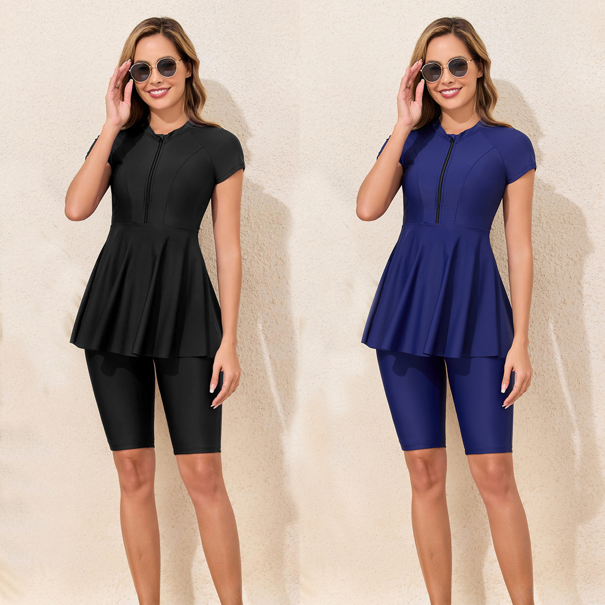 2026 New Cross-Border Foreign Trade Women's Two-Piece Swimsuit with Zipper, Sun Protection, Short Sleeves and Shorts, Conservative Swimwear for the Middle East