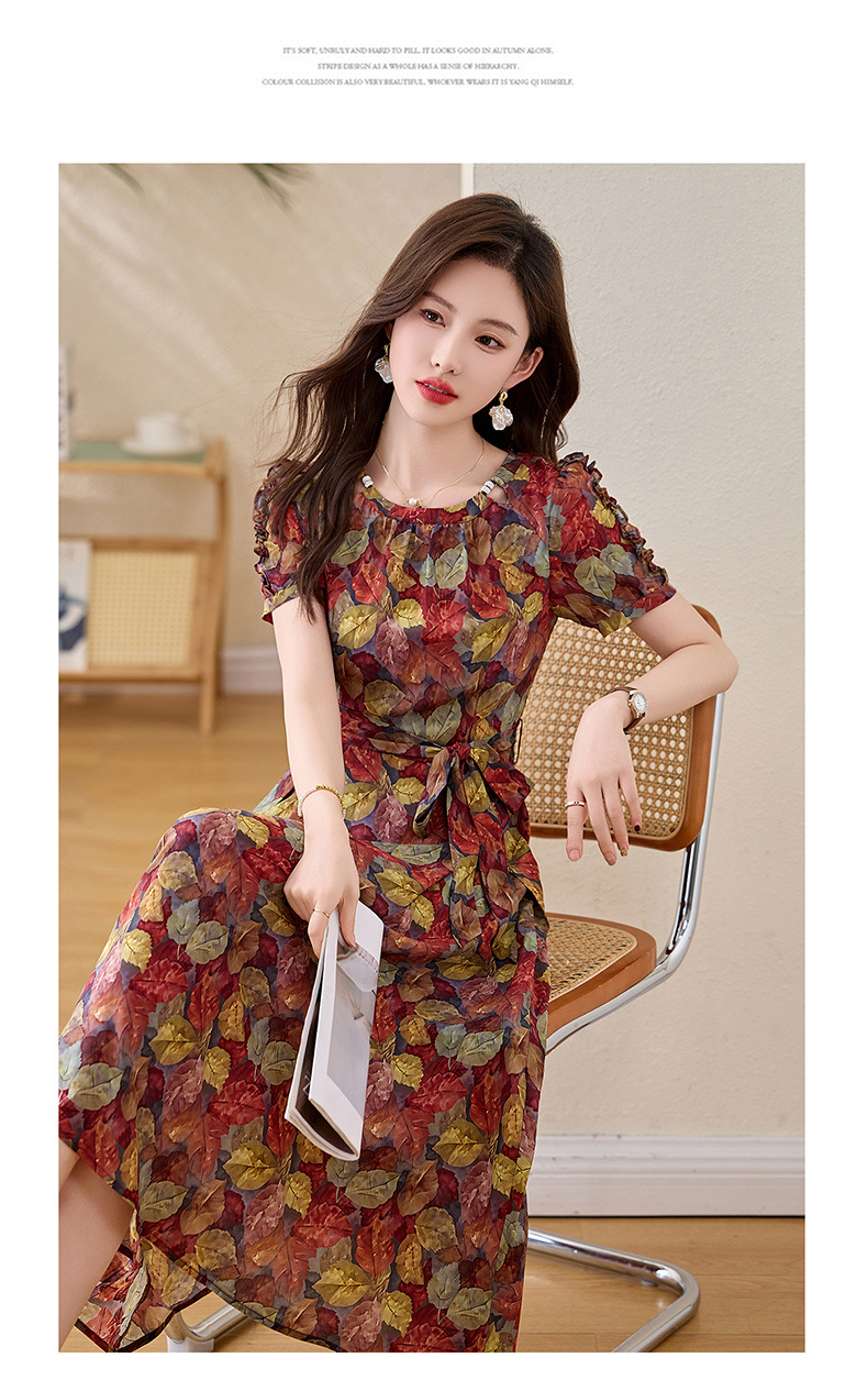 Váy liền hoa maxi nữ thắt eo thanh lịch mùa hè 2025 tay ngắn ôm eo — hoa đỏ, hoa hồng chi tiết 14