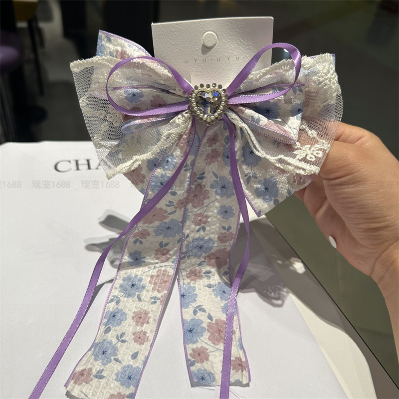 蝴蝶結頭飾網紗水鑽飄帶碎花2023新款後腦勺盤發法式髮夾工廠直銷