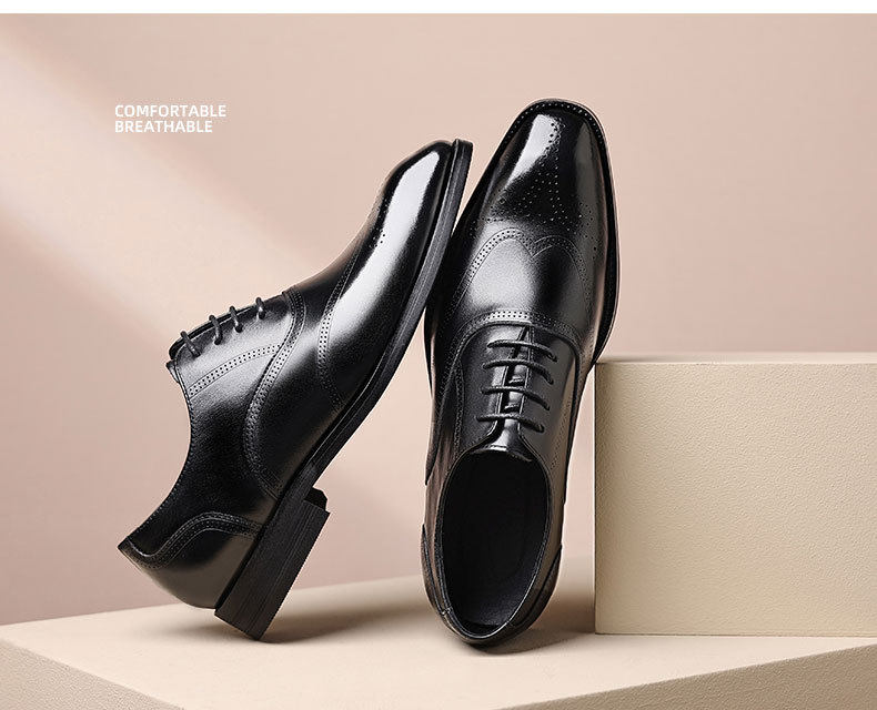 Giày da nam công sở da bò lớp đầu mũi nhọn Brogue buộc dây đế gỗ — Màu nâu, màu đen chi tiết 21