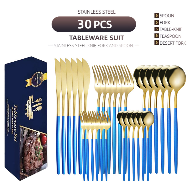 Suministro transfronterizo cuchillo de acero inoxidable y tenedor conjunto de 30 piezas traje de vajilla portuguesa Oro creativo cuchillo de carne occidental, tenedor y cuchara