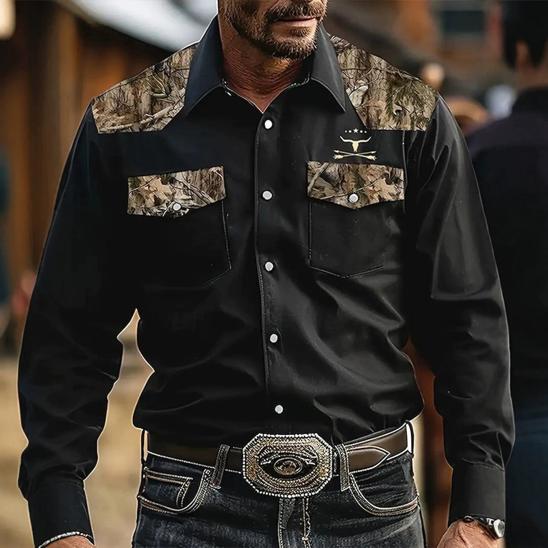 Cross-border supply woodland camouflage bull head logo men's double-pocket hunting style vintage western long-sleeve shirt wholesale Cross-border supply woodland camouflage bull head logo men's double-pocket hunting style vintage western long-sleeve shirt wholesale