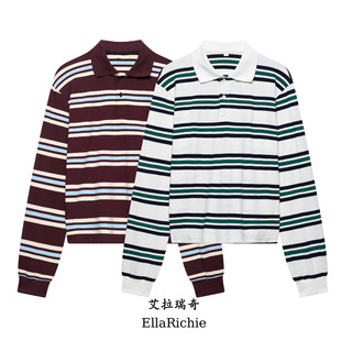 2025 Spring New College Style Striped Polo Retro Temperament American Long Sleeve Contrast Color Top