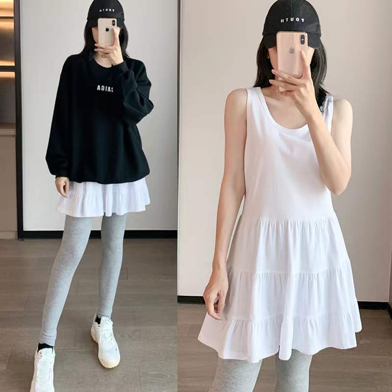 쌓인 흰색 가장자리 중간 길이 슬링 여름 가을 베이스 셔츠 민소매 흰색 티셔츠 조끼 여성용 롱 스커트
