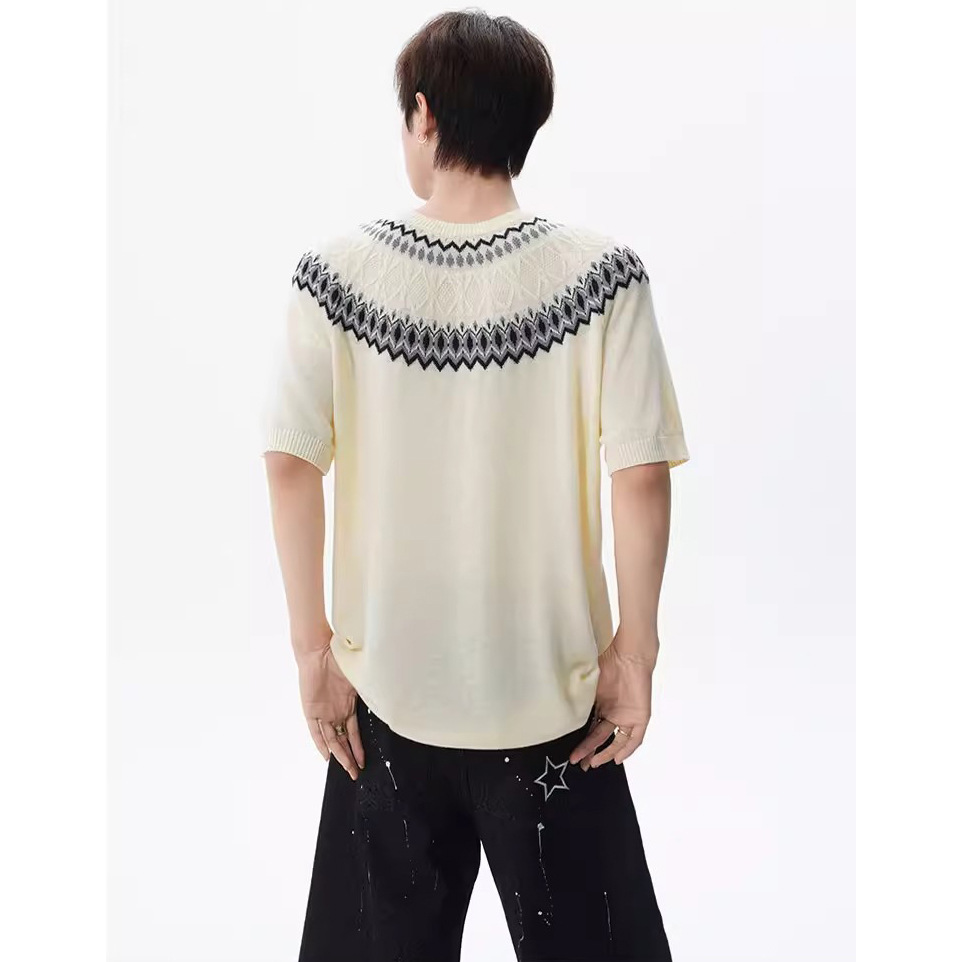 Isla de Fair camiseta de punto de manga corta camiseta de cuello redondo jacquard hombre viejo estilo casual hielo de verano fábrica transfronteriza mayorista