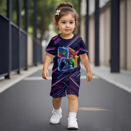 夏季女童新款舒适透气时尚潮流数码印花短袖圆领短裤套装