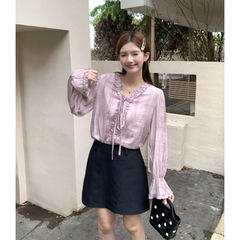早秋黑马暗黑温柔风设计感木耳边扎染气质衬衫甜美显瘦百搭上衣女