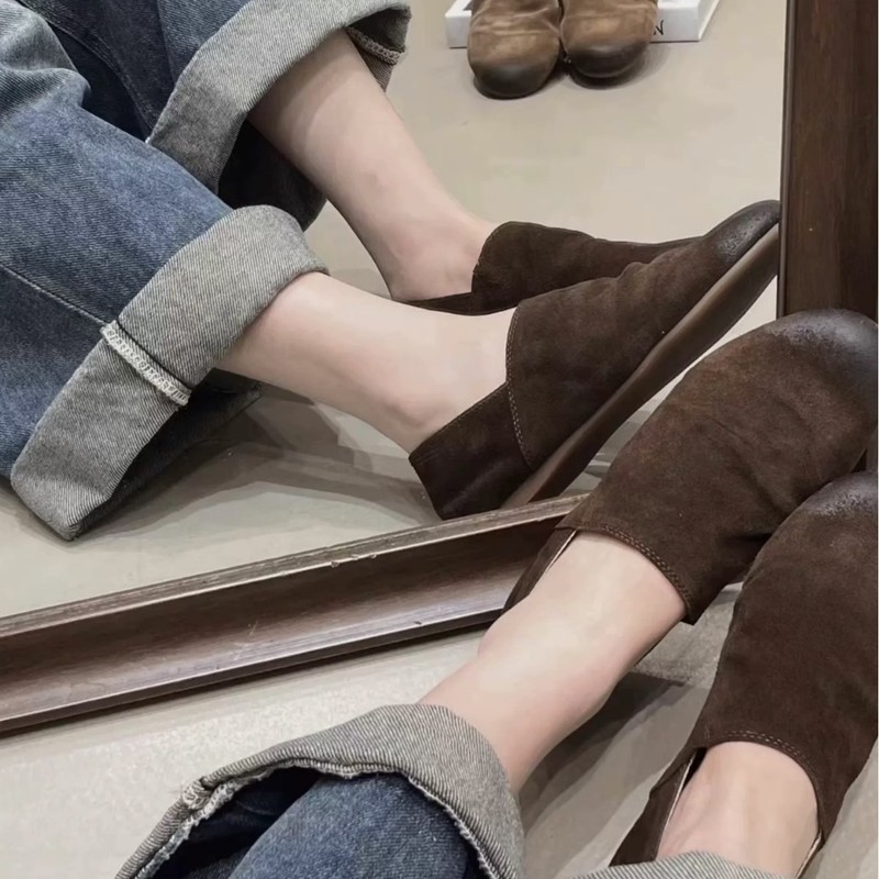 羊皮版~复古小众磨砂擦色圆头深口平底一脚蹬乐福鞋女秋冬季单鞋|undefined