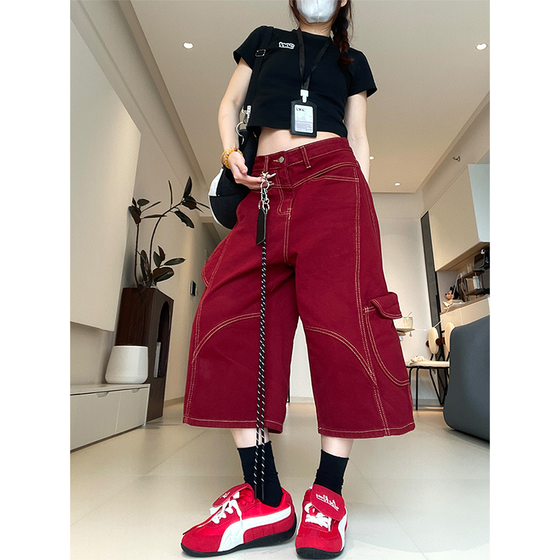 Red Cropped Jeans for Women, Summer Straight Loose Fit, Slimming Wide-Leg Cropped Pants for Women Red Cropped Jeans for Women, Summer Straight Loose Fit, Slimming Wide-Leg Cropped Pants for Women
