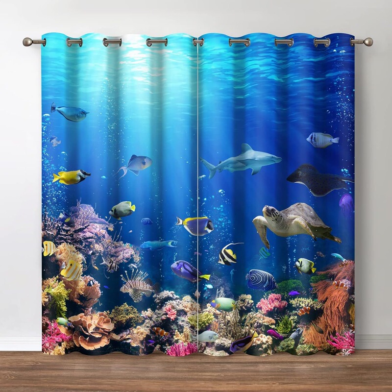 2 Pieces of Blue Ocean Animal Curtains, Underwater World with Turtles, Sharks, Coral Fish, Perforated Curtains for Bedroom and Living Room 2 Pieces of Blue Ocean Animal Curtains, Underwater World with Turtles, Sharks, Coral Fish, Perforated Curtains for Bedroom and Living Room
