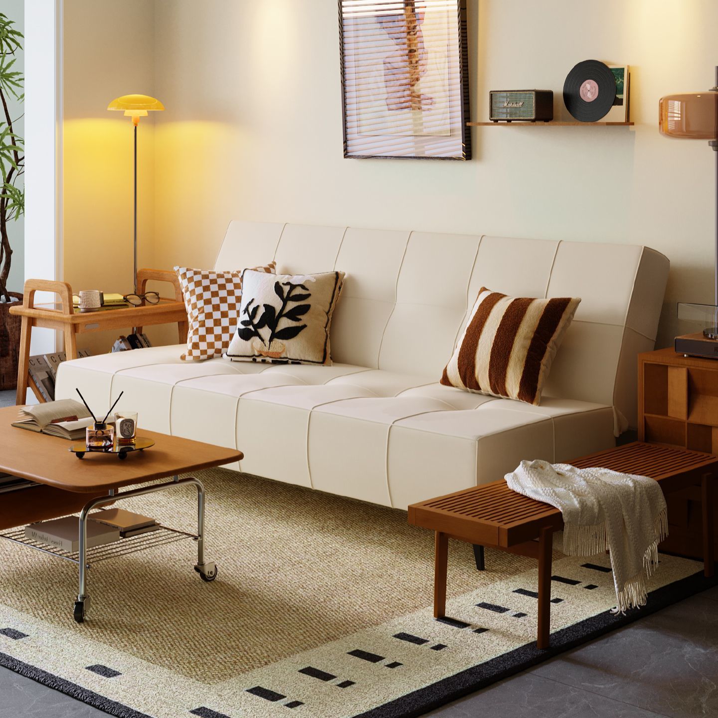 Folding Sofa Bed Checkerboard Cat Claw Leather Living Room Bedroom Multi-Functional Sofa Small Apartment B&B Hotel Sofa Bed