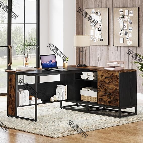 L-shaped executive desk, large desk with drawers and shelves, storage space with file cabinet