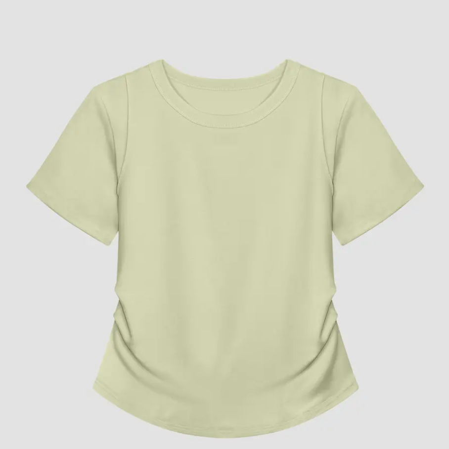 [93% Lycell Tence] Hermoso hombro, cintura pequeña, hombro recto, camiseta de color sólido, delgado, simple, casual y versátil