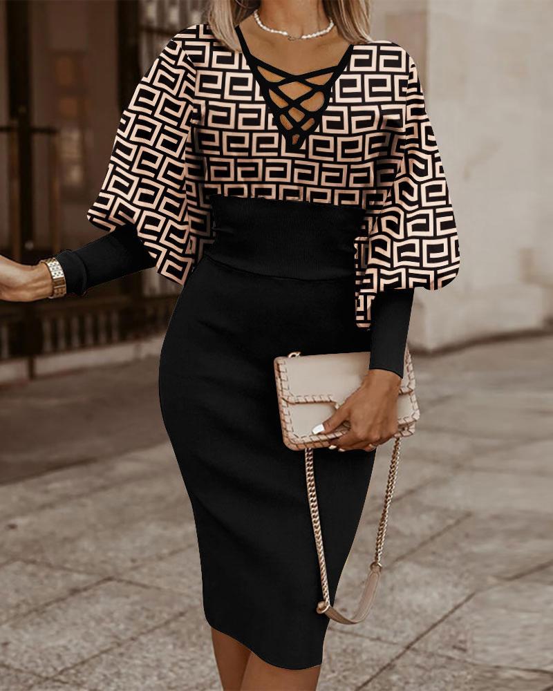 Women's Sheath Dress Casual V Neck Printing Long Sleeve Argyle Midi Dress Daily display picture 3