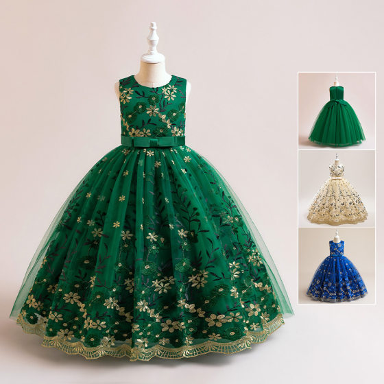 Amazon New Girls' Dress Long Princess Dress Piano Host Dress Embroidered Mesh Dress