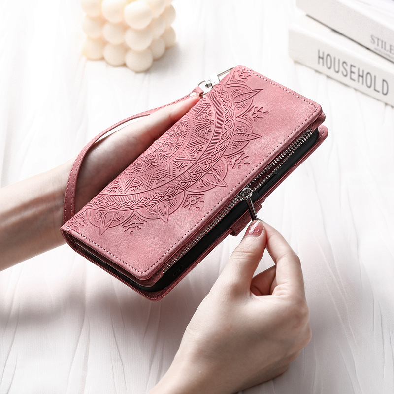 Suitable for MOTO G35 Leather Case Red Rice 14C Totem Embossed Card Zipper Wallet Case G55 Frosted Pattern