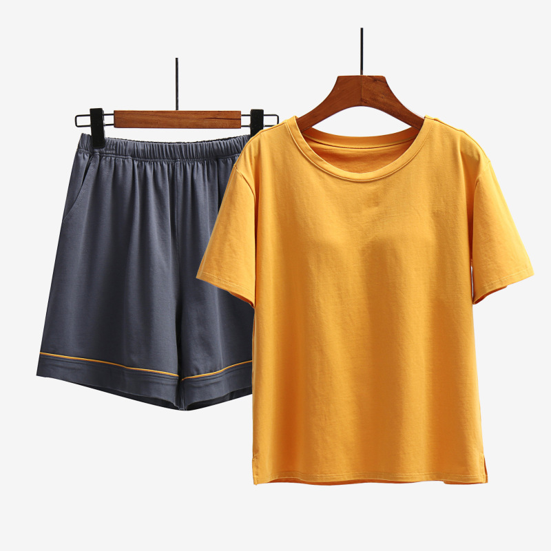 Women's Summer Thin Pure Cotton Short-Sleeved Shorts with Breast Pads, Home Clothes Two-Piece Suit Pajamas, Can Go Out and Relax
