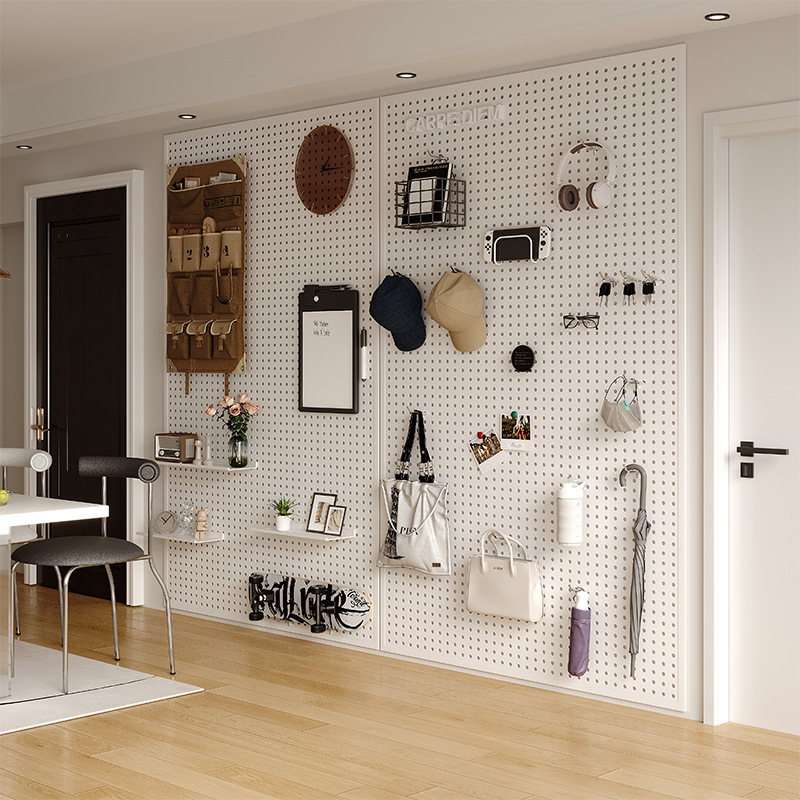 Sala de estar, tablero de agujero, estante de almacenamiento, almacenamiento de pared completa, puerta de entrada, tablero colgante, decoración de pared, tablero de perforación de metal