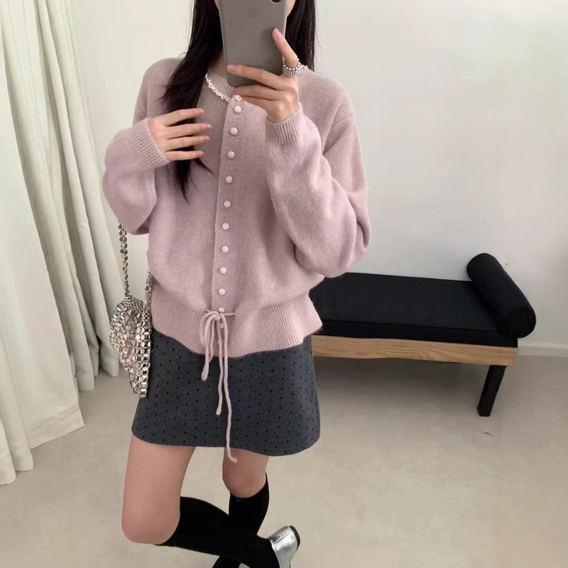 温柔风抽绳长袖毛衣女2秋冬新款收腰显瘦荷叶边设计感针织上衣女|undefined