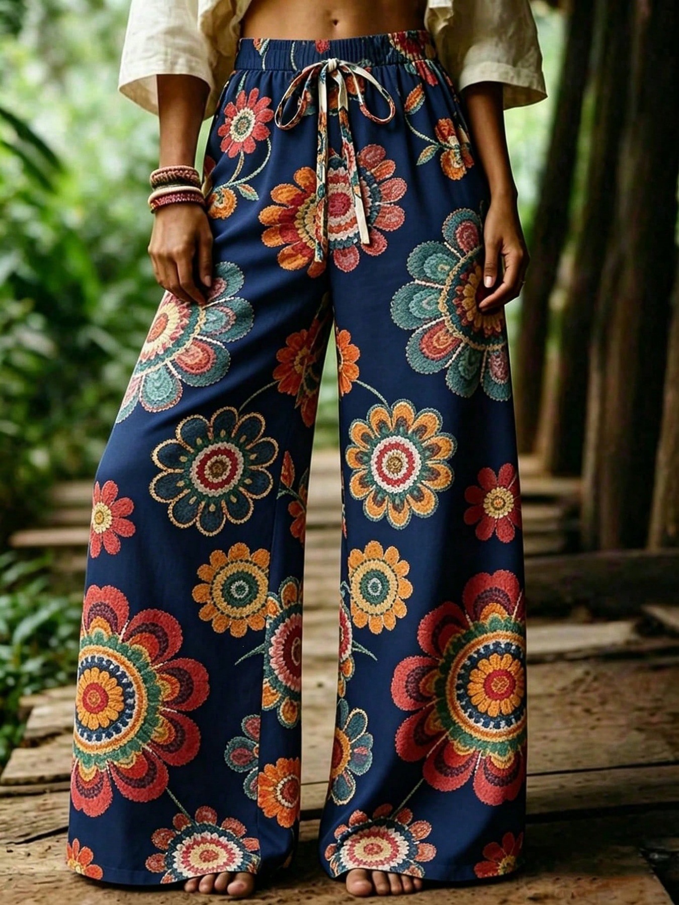 Pantalón Ancho Casual Estampado de Poliéster y Spandex Retro Ligero para Playa image 8