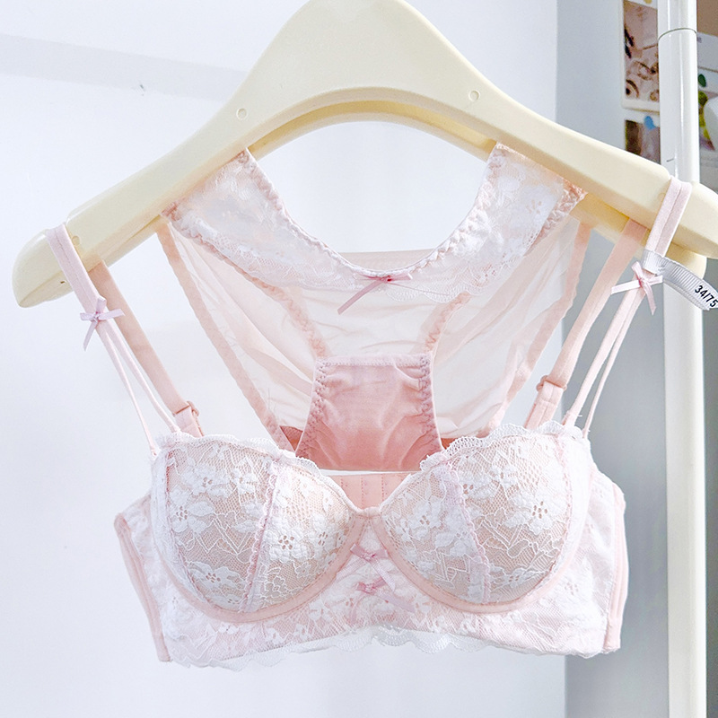 Cherry Blossoms Falling ~ French Lace Sexy Underwear Women's Wireless Small Breast Gathering and Enlarging Anti-Sagging Bra Set
