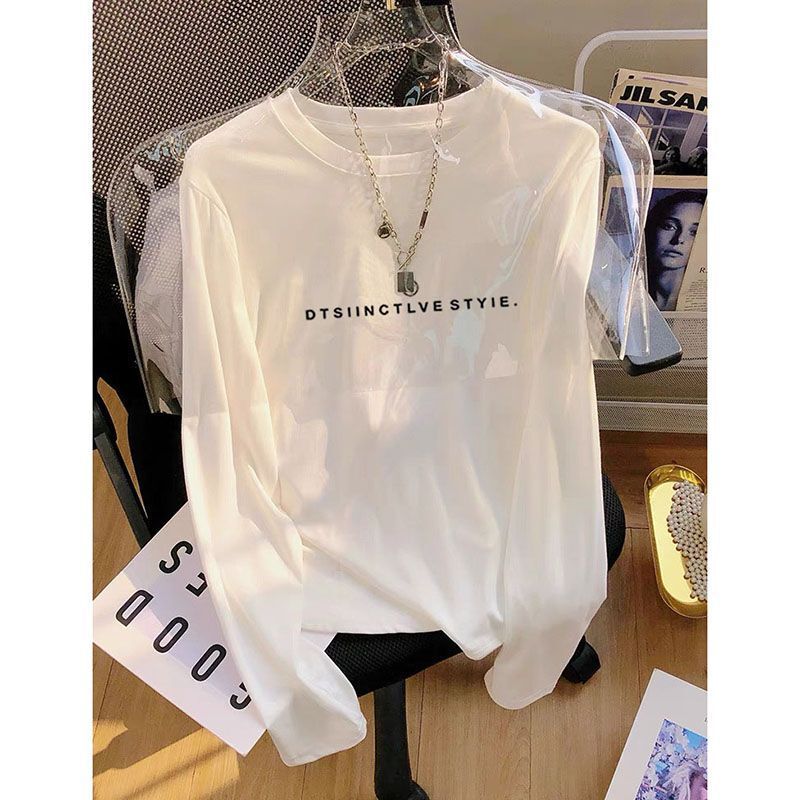 2026 New Style Pure Cotton Round Neck Long-Sleeve T-Shirt for Women, Fashionable and Versatile, Age-Reducing and Slimming, White Top for Spring and Autumn