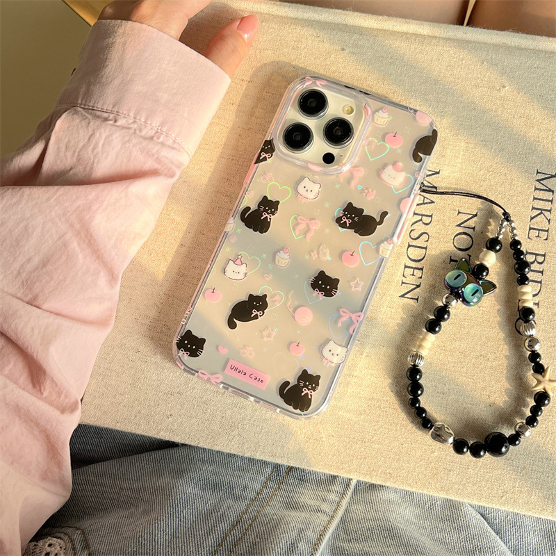 Ins viento láser amor lindo pequeño gato negro adecuado 16ProMax pulsera iphone15 funda para teléfono móvil Apple 14P