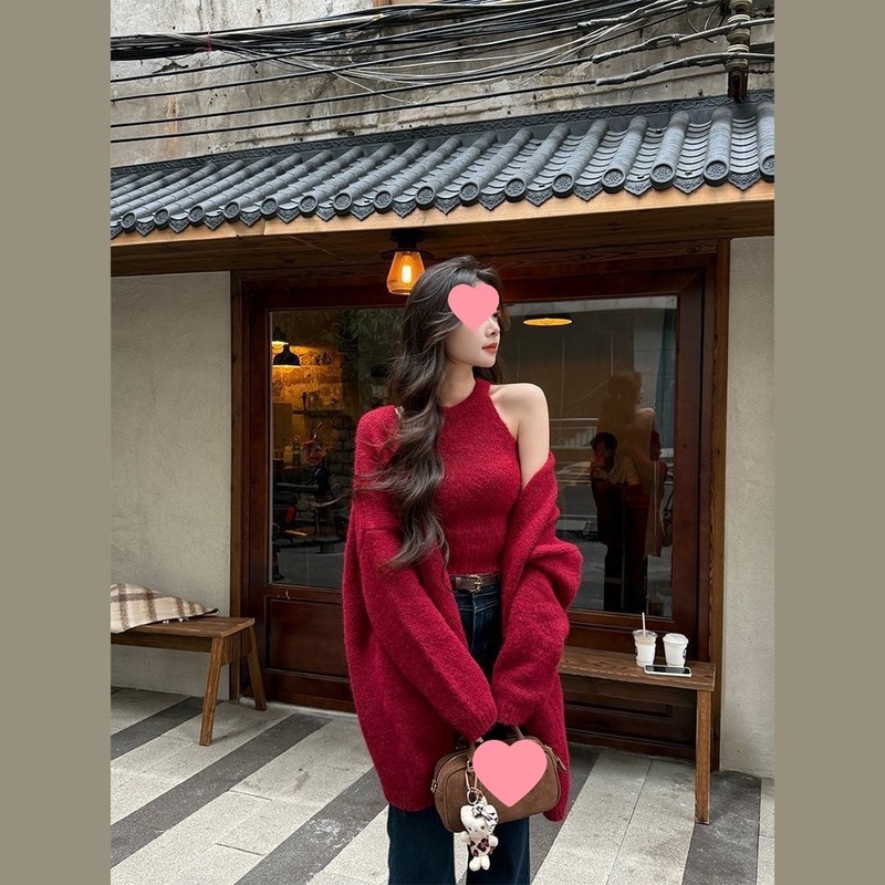 慵懒高级感秋季穿搭红色时尚套装女秋冬毛衣开衫外套背心两件套潮|undefined