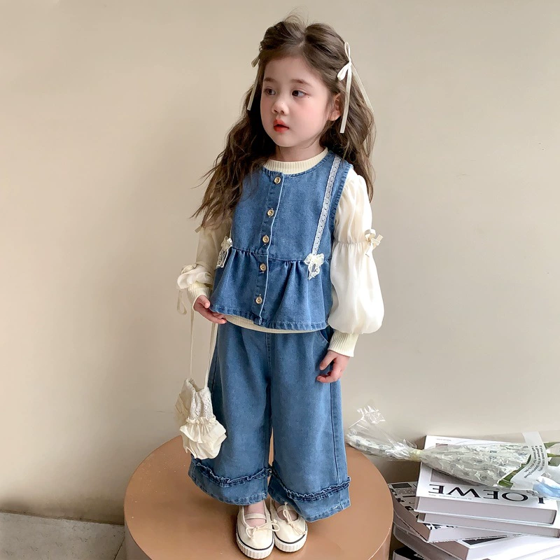 Demi-season denim trousers, spring set girl's, Chanel style, Korean style, 3 piece set