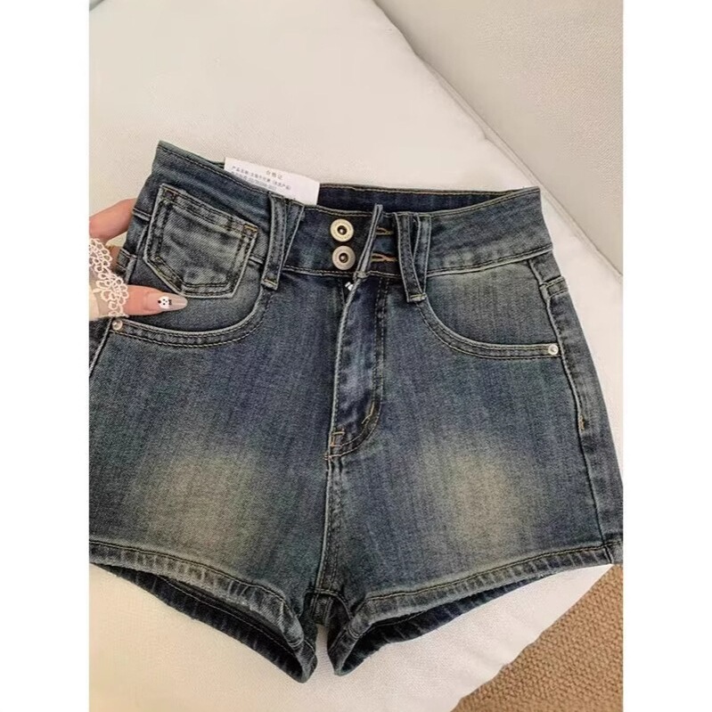 アメリカンレトロなダメージ加工ヒップカバーデニムショートパンツ女性用夏の新しい多用途ハイウエスト2ボタンスリムホットガールホットパンツ|undefined